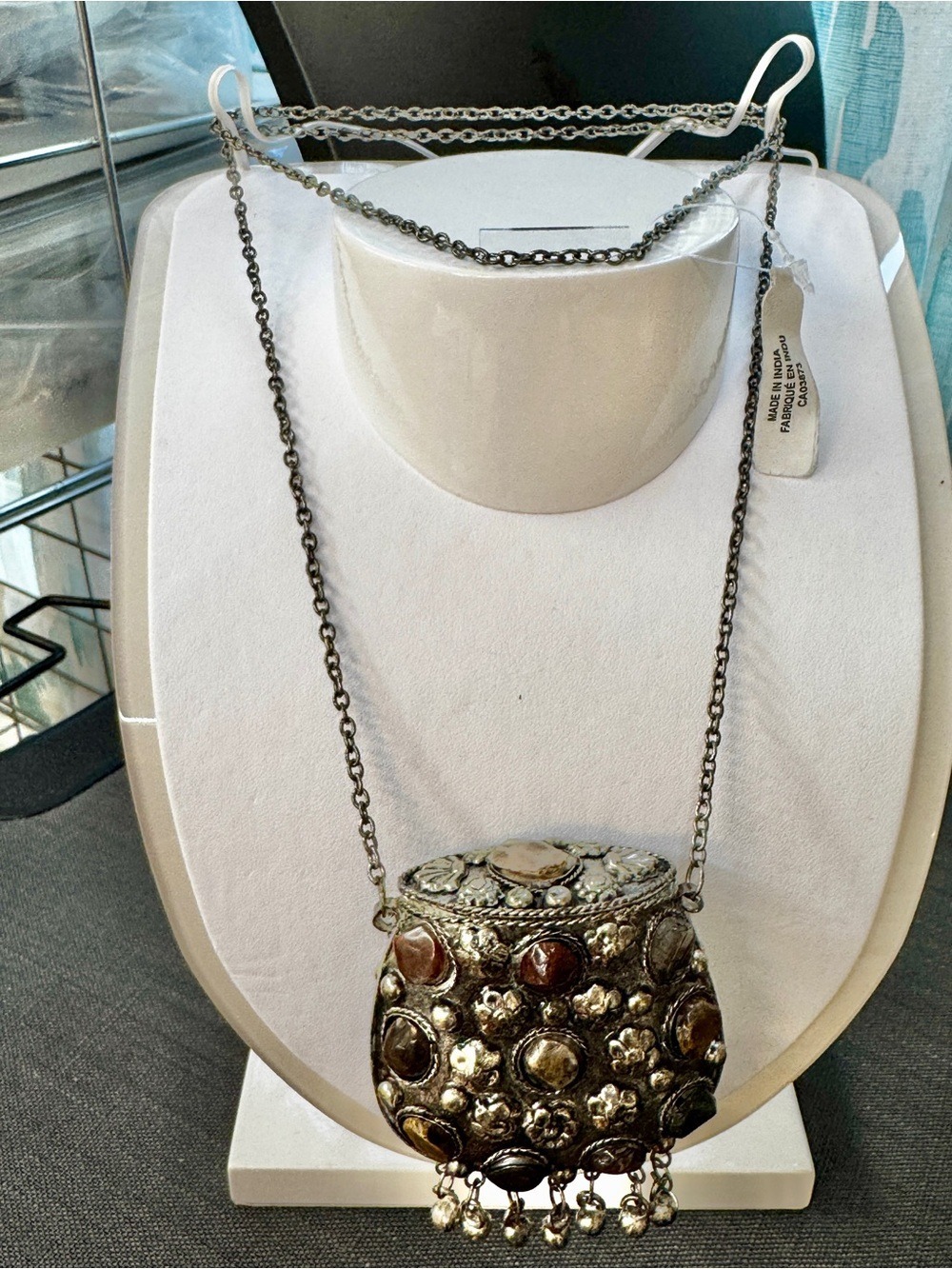 Boho Embellished Metal Pendant Necklace with Bead Fringe